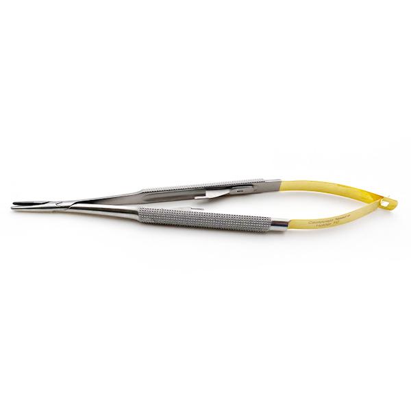 Castroviejo Micro Surgical Needle Holder 5 1/2" Serrated Curved With Catch Round Body Style Tungsten Carbide