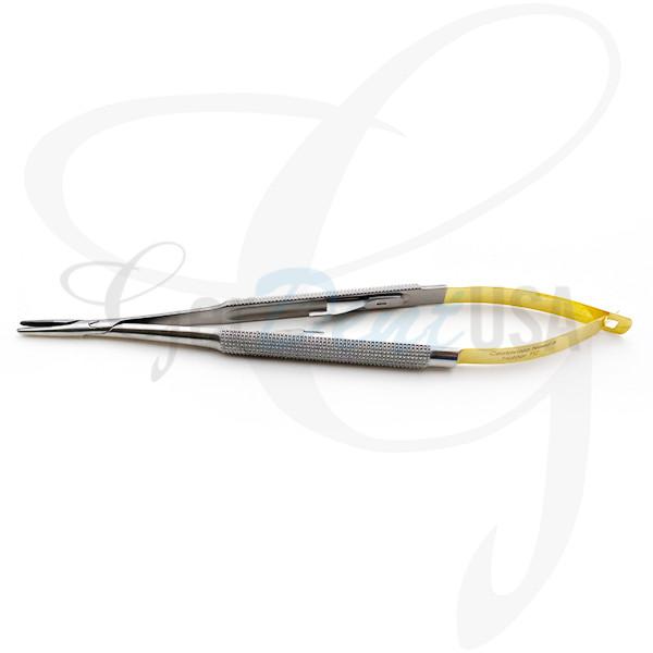 Castroviejo Micro Surgical Needle Holder 5 1/2" Serrated Curved With Catch Round Body Style Tungsten Carbide